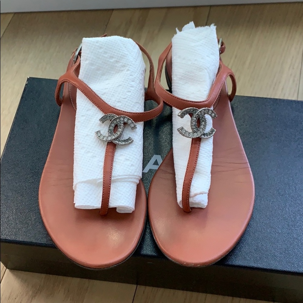 Authentic Chanel Classic CC logo Leather Sandal